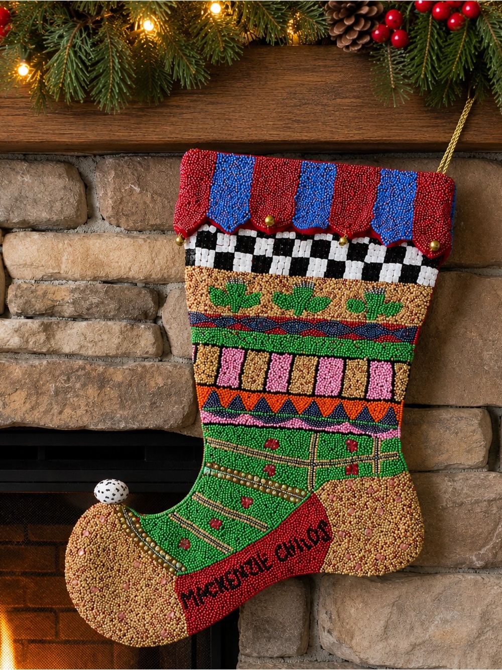Mackenzie-Childs Christmas Stocking Beaded Courtly Check Holiday Decor Retired